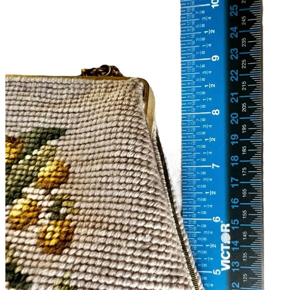 Vintage Needlepoint Floral Handbag Chain Handle Satin Lining - Picture 8 of 16